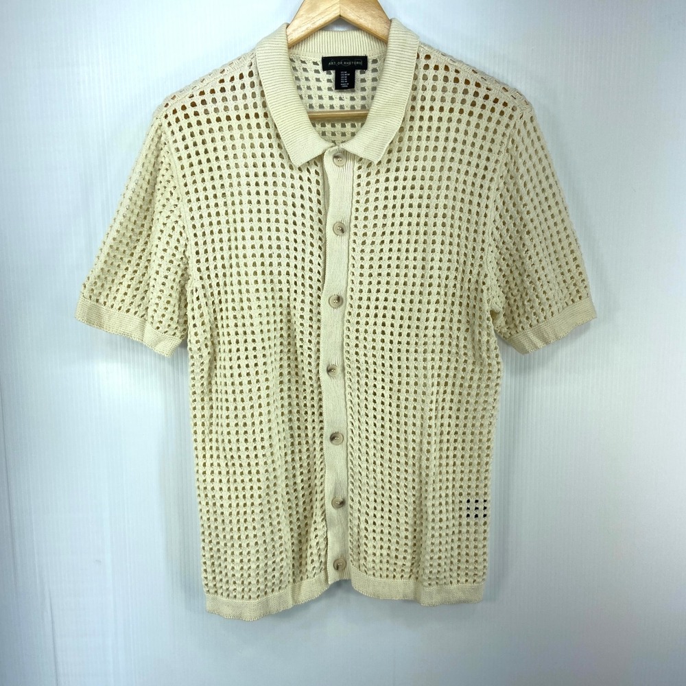 Art Of Rhetoric Mens‎ Cream Open Knit Short Sleeve Collared Sweater Polo Medium